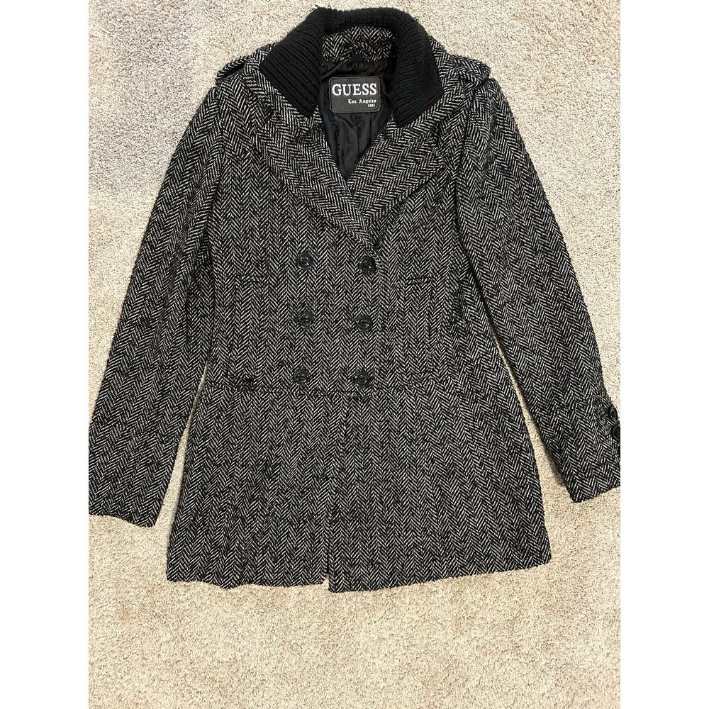 Guess Y2K Black White Herringbone Peacoat Jacket Poly Wool